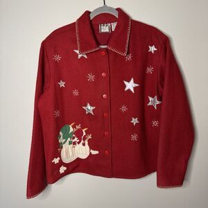 Take Two Clothing Womens Cardigan Jacket Red Wool Snowman Stars Christmas Medium